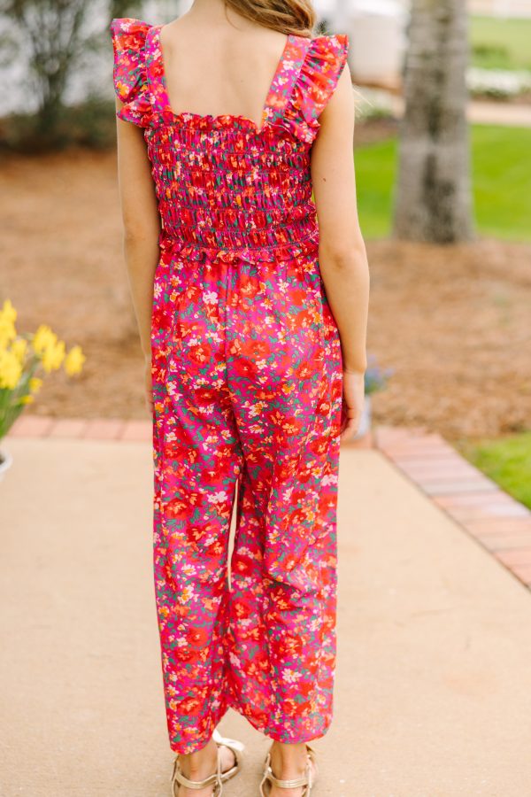 Girls: All For You Pink Ditsy Floral Smocked Jumpsuit Cheap - Image 4