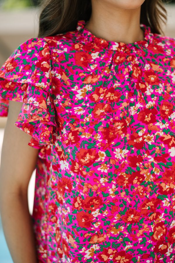 On Your Heart Fuchsia Pink Ditsy Floral Blouse For Sale - Image 3