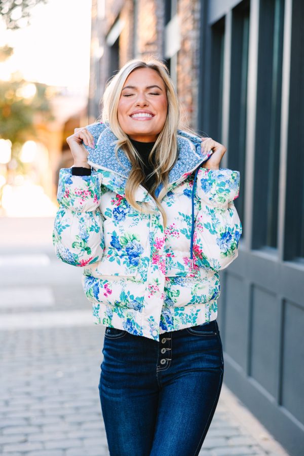 Take You Out Blue Floral Puffer Jacket For Sale - Image 5