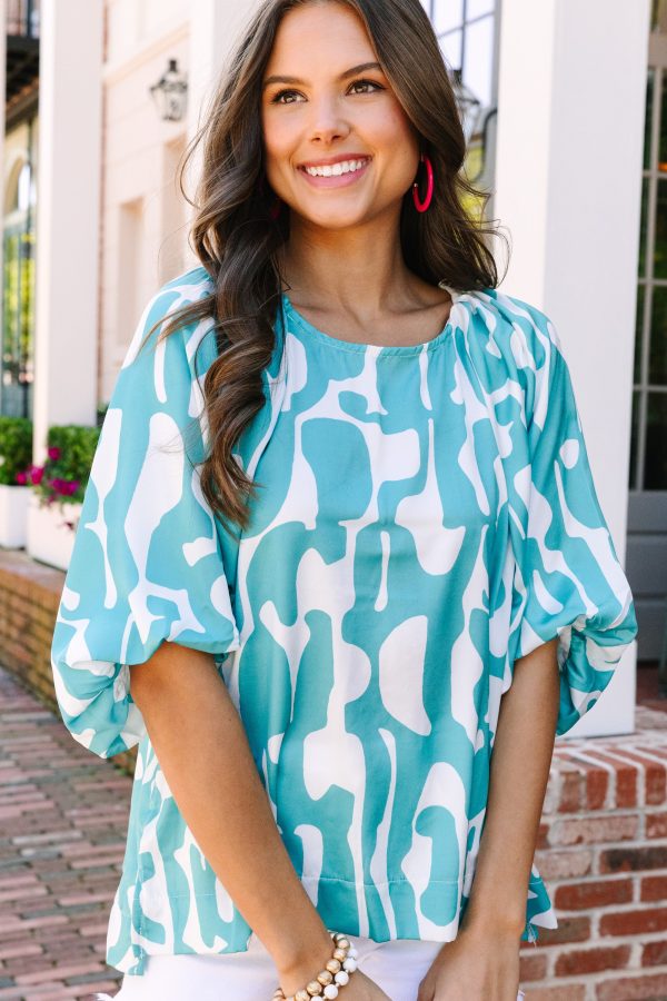 Right On Track Lagoon Green Abstract Blouse Hot on Sale
