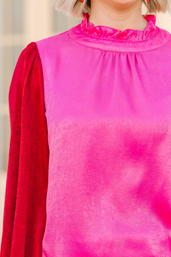 Get Their Attention Hot Pink Colorblock Blouse For Sale - Image 3