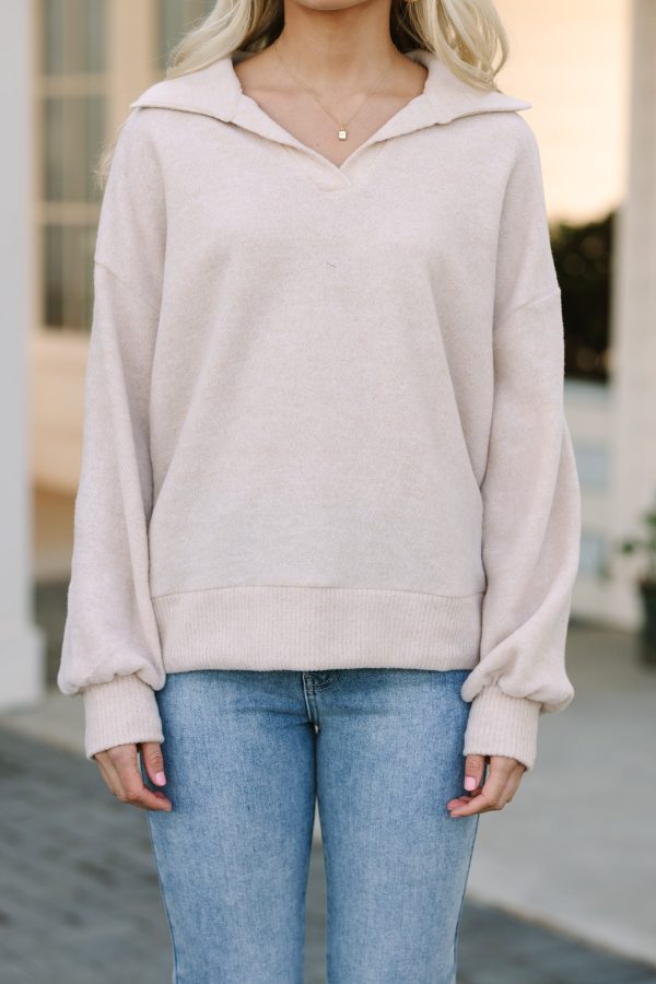 Just Believe Oatmeal Brown Collared Knit Top Supply - Image 5