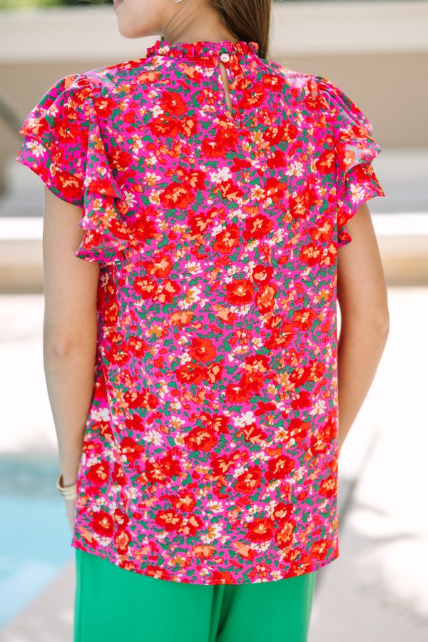 On Your Heart Fuchsia Pink Ditsy Floral Blouse For Sale - Image 5