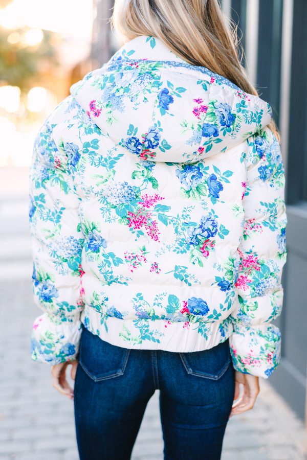 Take You Out Blue Floral Puffer Jacket For Sale - Image 3