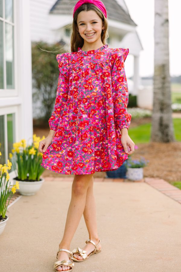 Girls: Make My Day Fuchsia Pink Ditsy Floral L S Babydoll Dress Online - Image 2