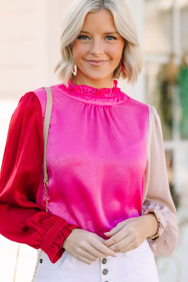 Get Their Attention Hot Pink Colorblock Blouse For Sale