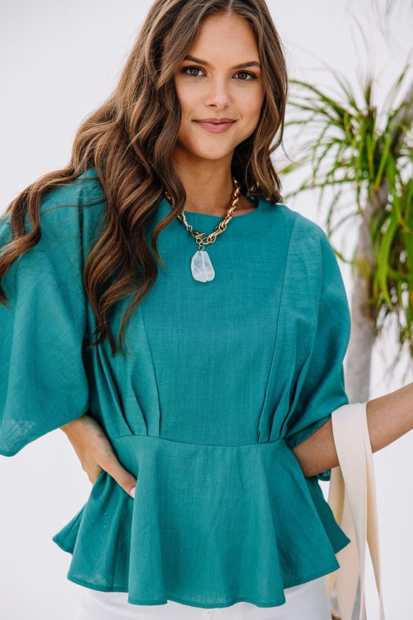 Tell Me Everything Jade Green Peplum Linen Top Supply