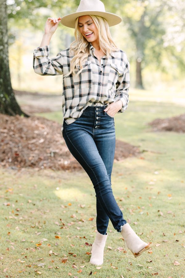 Check It Out Tan Brown Button Down Plaid Top Discount - Image 2