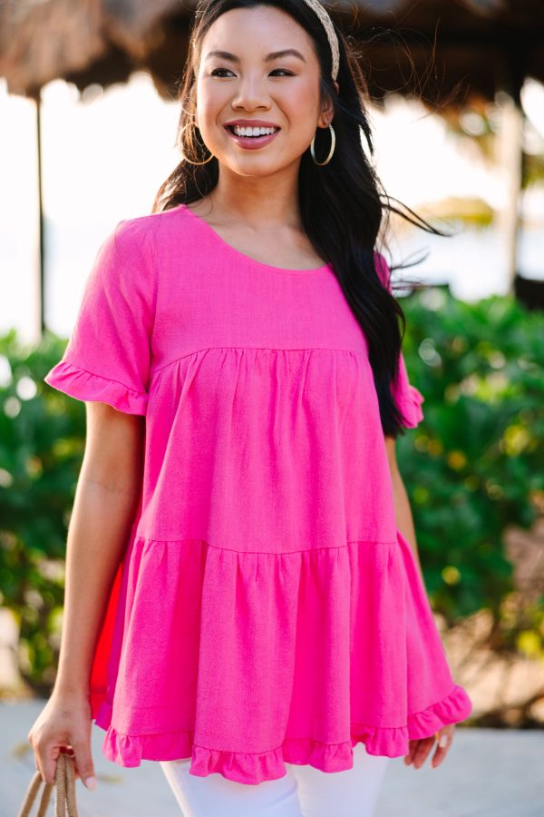 All Eyes On Me Fuchsia Pink Linen Babydoll Top Hot on Sale