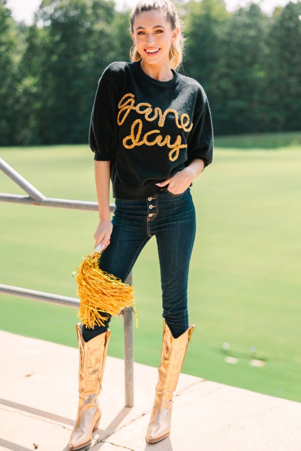It s Game Day Black Gold Puff Sleeve Sweater For Cheap - Image 2