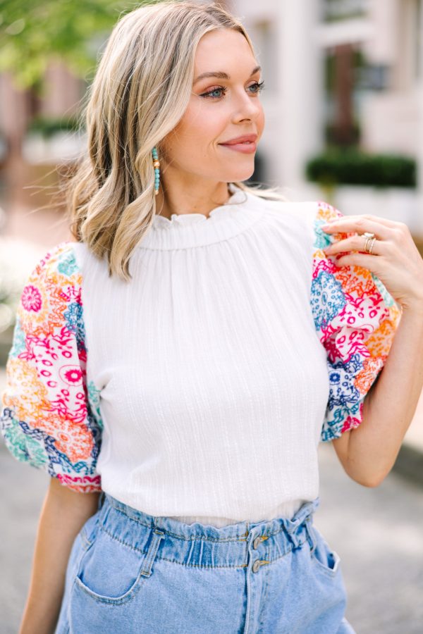 THML: On Your Heart White Embroidered Sleeve Blouse Discount