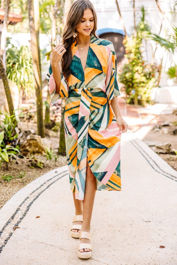 Vintage Resort Green Abstract Midi Dress Cheap