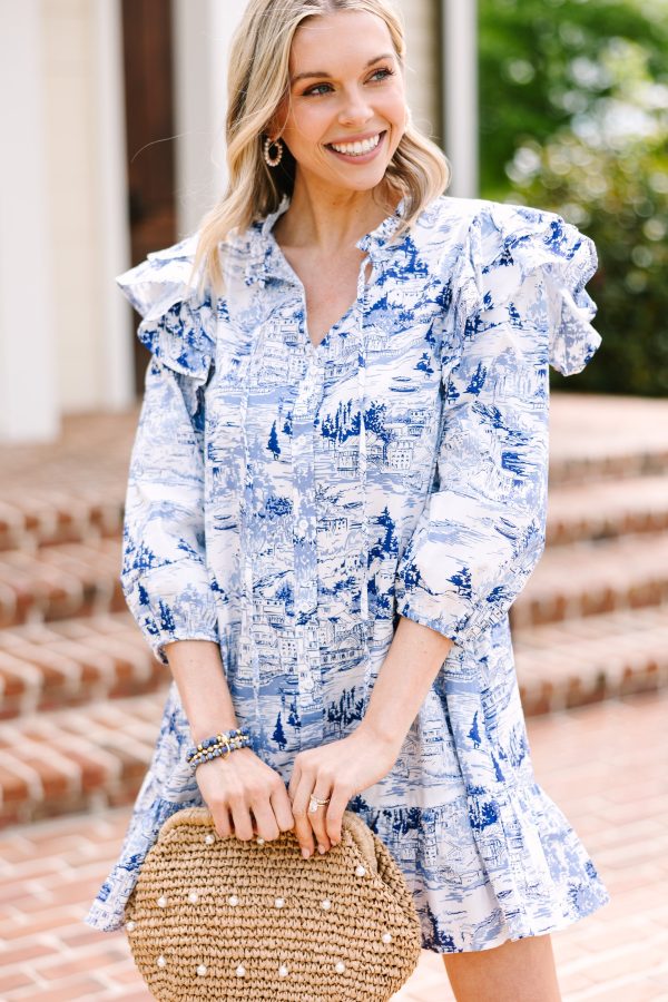 Hold On To You White and Blue Printed Dress on Sale