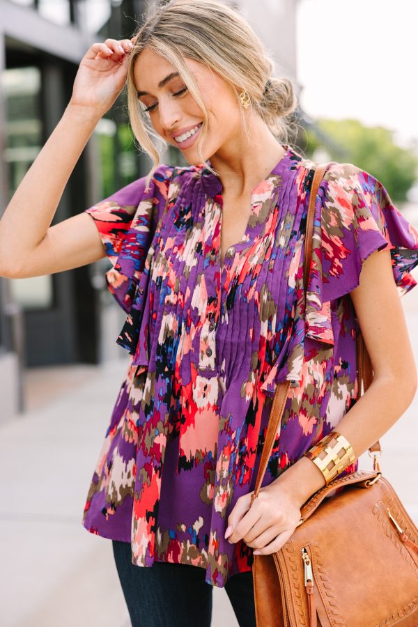 In My Thoughts Plum Purple Abstract Blouse For Discount