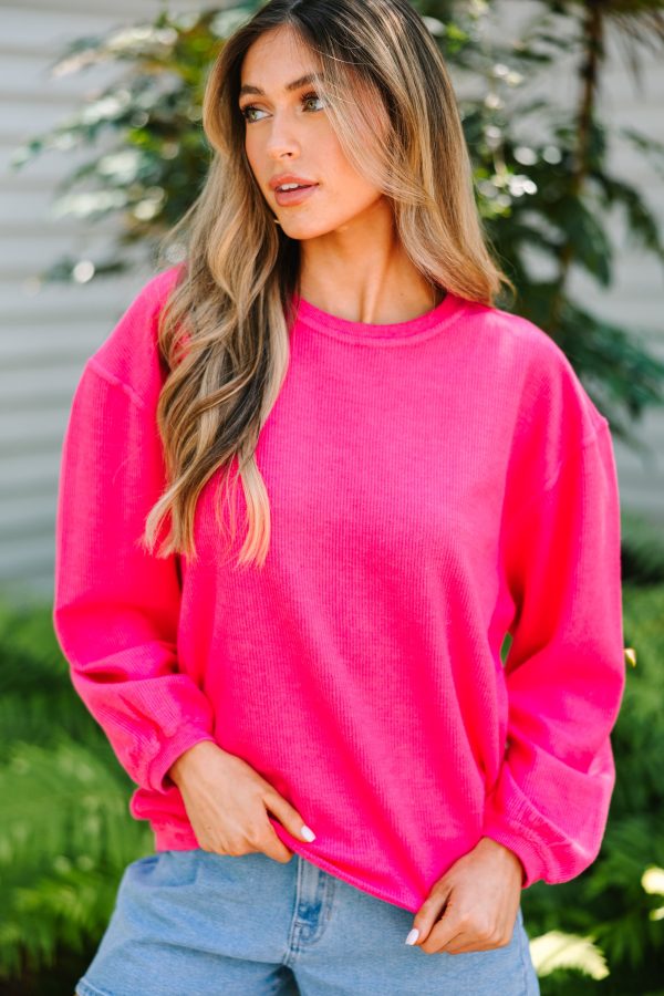 Get Together Fuchsia Pink Corded Sweatshirt Online Sale