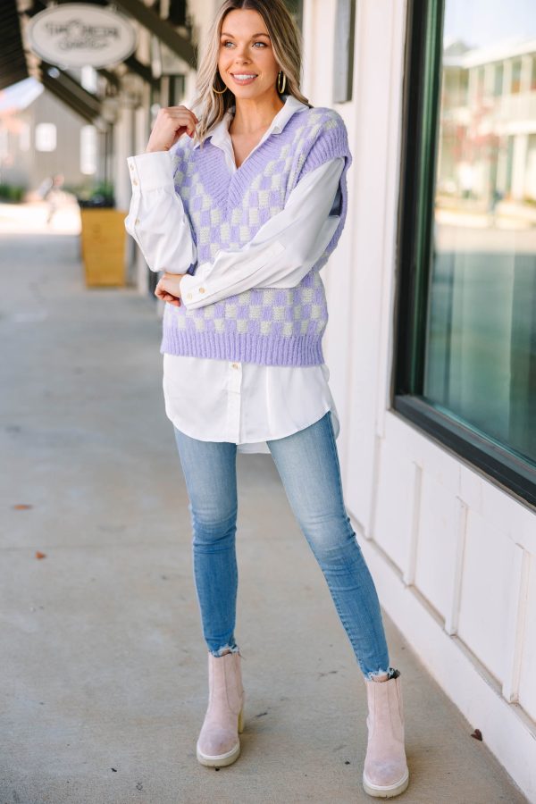 Get You Far Lilac Purple Checkered Sweater Vest on Sale - Image 2