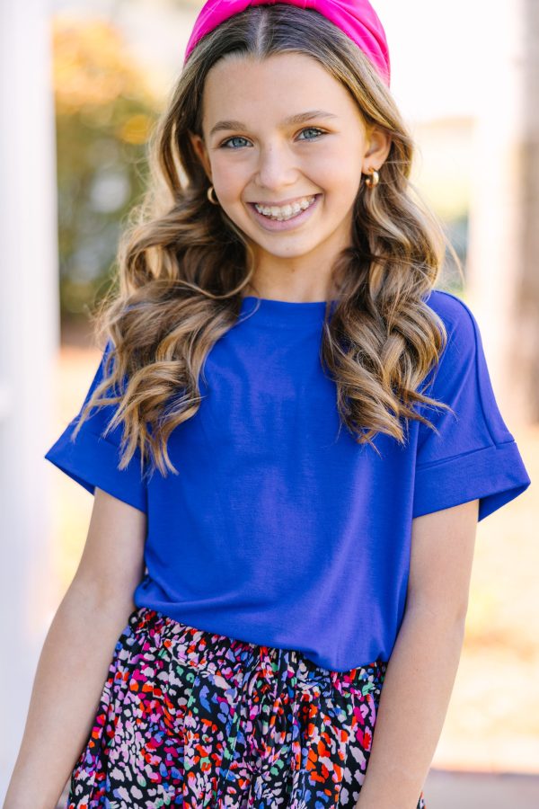 Girls: Make Your Life Easy Bright Blue Crew Neck Top Online Hot Sale